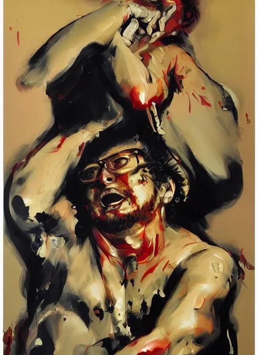 Prompt: bloated red faced sam hyde, straining, bulging eyes, painting by phil hale, fransico goya,'action lines '!!!, graphic style, visible brushstrokes, motion blur, blurry