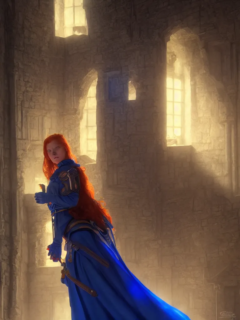 Image similar to daily life portrait of a ginger maiden inside a castle, god ray, gloomy, strong subsurface scattering, cobalt blue, symmetrical, highly detailed, digital painting, artstation, art by artgerm and greg rutkowski, concept art, smooth, sharp focus, illustration, cinematic lighting, 8 k resolution