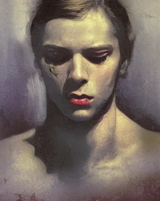 Image similar to a beautiful and eerie baroque painting of a beautiful but creepy young man in layers of fear, with haunted eyes and dark hair, 1 9 7 0 s hotel room, seventies, wallpaper, a little blood, morning light showing injuries, delicate embellishments, painterly, offset printing technique, by brom, robert henri, walter popp