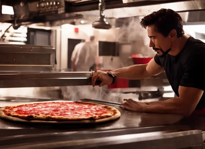 Prompt: film still from new avengers movie ironman working in a pizza parlor making pizza, 4 k