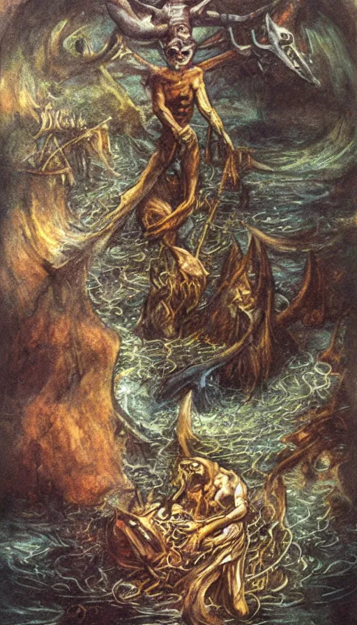 Prompt: man on boat crossing a body of water in hell with creatures in the water, sea of souls, by brian froud