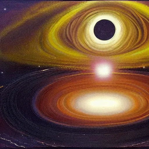 Prompt: A beautiful painting of a black hole. This hole appears to be a portal to another dimension or reality, and it is emitting a bright, white light. There are also stars and other celestial objects around it. 1990s by Augustus Edwin Mulready, by Grace Cossington Smith ornate