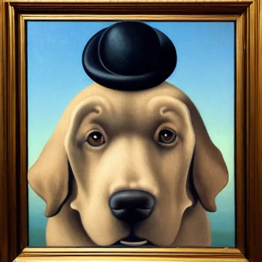 Prompt: a rene magritte painting of a dog wearing a hat, award winning painting, detailed, surreal, symmetrical, clean, smooth, aesthetic
