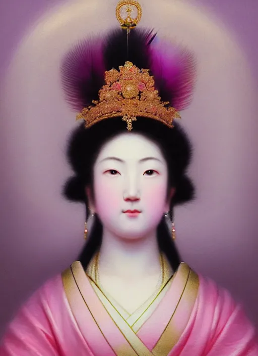 Image similar to stunning japanese godess princess, detailed pink and white million of feathers head peace against a black backdrop by ivan aivazovsky, 3 / 4 view portrait, wlop, super sharp details, photorealism, canon 5 d, 5 0 mm lens, stunning photoshot, beautiful soft lighting, muted colours, artstation