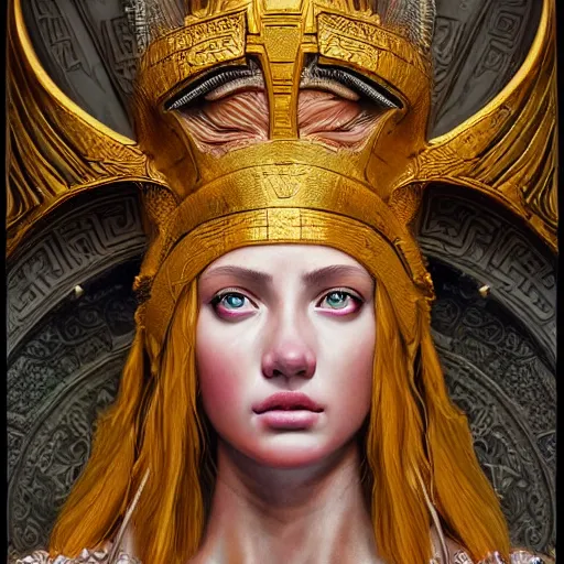 Image similar to hyperrealistic mixed media painting of beautiful goddess Athena, stunning 3d render inspired art by P. Craig Russell and Barry Windsor-Smith, perfect facial symmetry, dim volumetric lighting, 8k octane beautifully detailed render, post-processing, portrait, extremely hyper-detailed, intricate, epic composition, cinematic lighting, masterpiece, trending on artstation, very very detailed, masterpiece, stunning