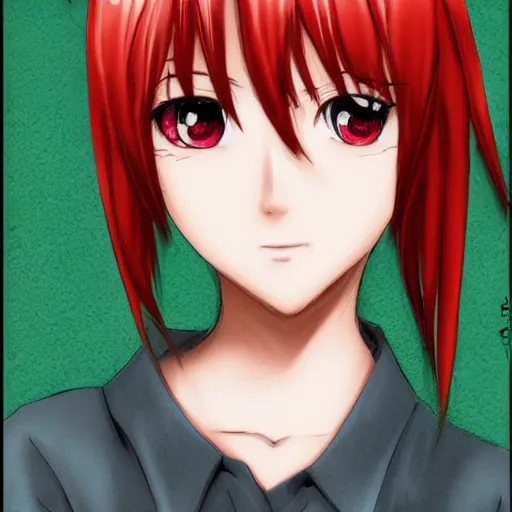 Image similar to portrait of an anime girl with red hair and green eyes