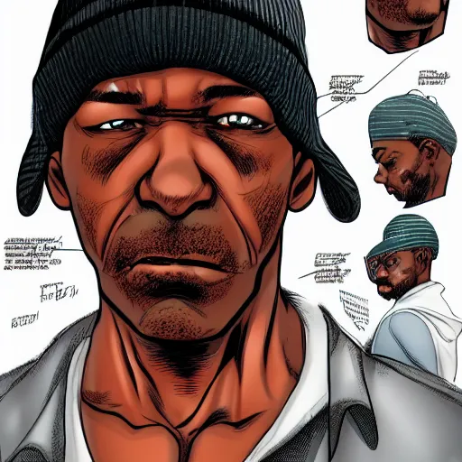 Image similar to a despondent 55 year old black man, comic book style, artgerm, wearing a beanie, highly detailed, concerned