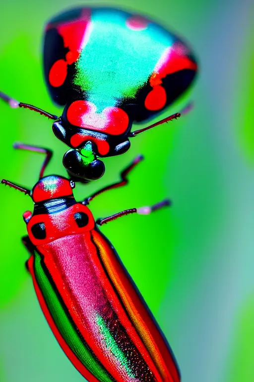 Image similar to high quality macro photo iridescent Red spotted jewel beetle! gorgeous highly detailed david ligare elson peter cinematic blue lighting high quality low angle hd 8k sharp shallow depth of field