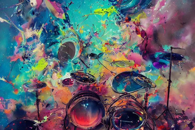 Image similar to a splattered action painting showing a drumset, ultradetailed, fine art painting, peter mohrbacher, moebius, drumset, frottage, watercolor, acrylic, multilayered paint, spectacular splatter explosion, psychedelic art