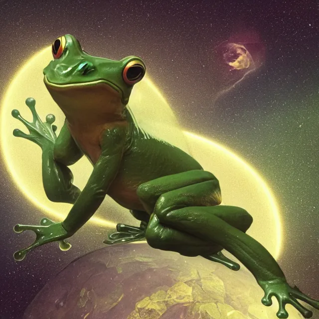 Image similar to a frog! with green muscular body, wear! yellow sleeveless shirt and black sport shorts, jumps to the sky and stars, cosmos, moon, by mucha and caspar david friedrich, atmospheric lighting, intricate detail, cgsociety, hyperrealistic, octane render, rpg portrait, ambient light, dynamic lighting