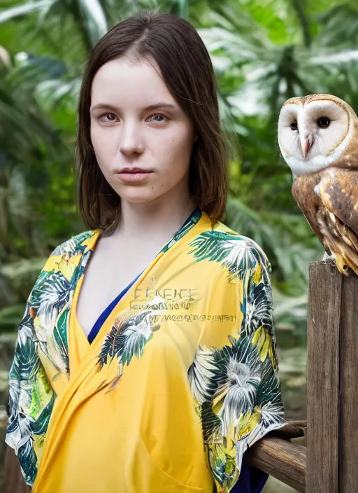 Image similar to amazing portrait photograph of beautiful young female model, symmetric face, symmetric eyes, slight smile, natural light,wearing a yellow kimono with a very detailed barn owl on her shoulder!!! in a tropical greenhouse. looking at the camera!!. super resolution. Extremely detailed. art by Rineke Dijkstra.