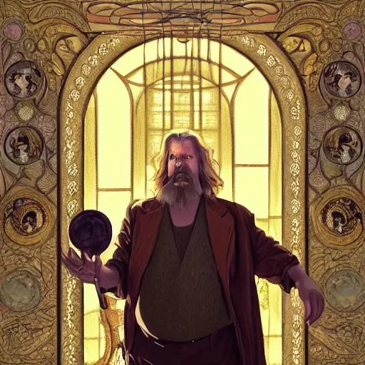 Image similar to portrait of the dude big lebowski, deep focus, rug, d & d, fantasy, intricate, elegant, highly detailed, digital painting, artstation, concept art, matte, sharp focus, illustration, art by artgerm and greg rutkowski and alphonse mucha