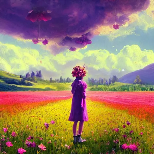 Image similar to girl with a flower face, surreal photography, bizzare, dreamlike, standing in flower field, in a valley, sunrise dramatic light, impressionist painting, colorful clouds, artstation, simon stalenhag