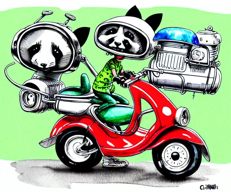 Image similar to cute and funny, racoon wearing a helmet riding in a tiny moped scooter with oversized engine, ratfink style by ed roth, centered award winning watercolor pen illustration, isometric illustration by chihiro iwasaki, edited by range murata