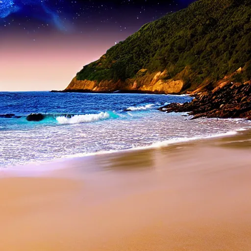 Prompt: a beach with rolling waves and a starry sky