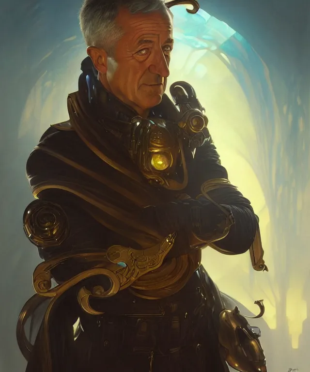 Image similar to Benny Gantz as a fantasy magic man portrait, sci-fi, amber eyes, face, fantasy, intricate, elegant, highly detailed, digital painting, artstation, concept art, smooth, sharp focus, illustration, art by artgerm and greg rutkowski and alphonse mucha