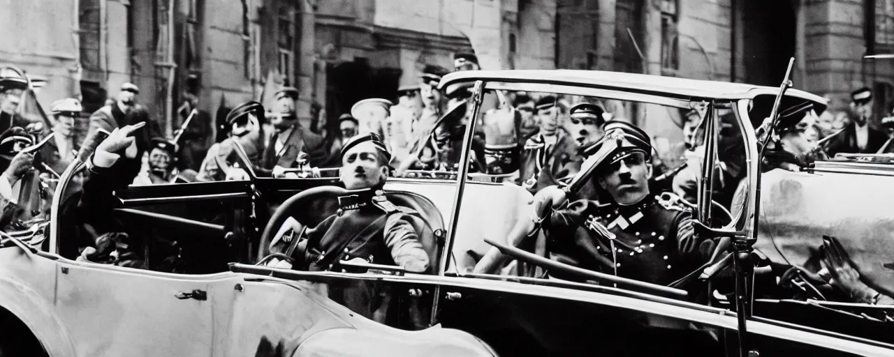 Prompt: austrian archduke franz ferdinand being assassinated in a spaghetti car, low contrast black and white, sigma 8 0 mm, wes anderson, kodachrome