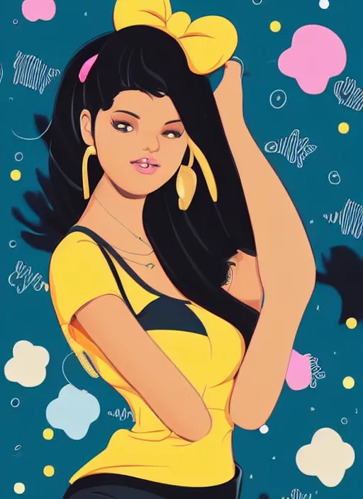 Prompt: woman, black hair, tan skin, curvy, slight resemblance to selena gomez with mickey mouse ears. colorful clothes. clean cel shaded vector art. shutterstock. behance hd by lois van baarle, artgerm, helen huang, by makoto shinkai and ilya kuvshinov, rossdraws, illustration,