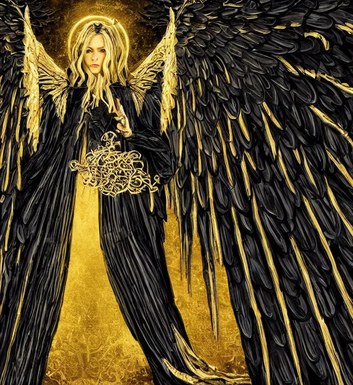 Image similar to full length picture of the angel of death wearing black robes with gold wings in an elaborate cathedral, high octane, 8k, ultra detailed, photorealistic