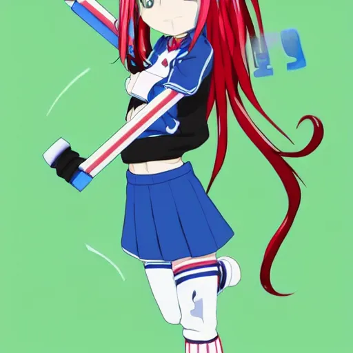 Prompt: anime girl with fark blue hair with a red streak, she is smiling, confident, wearing a school uniform, you can see her belly the top has anime demon eyes, she wear sneakers and she is holding a giant iron red half scissor