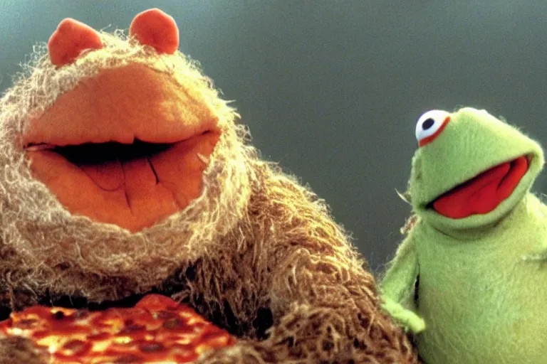 Image similar to a film still of pizza the hut in the muppets, high quality