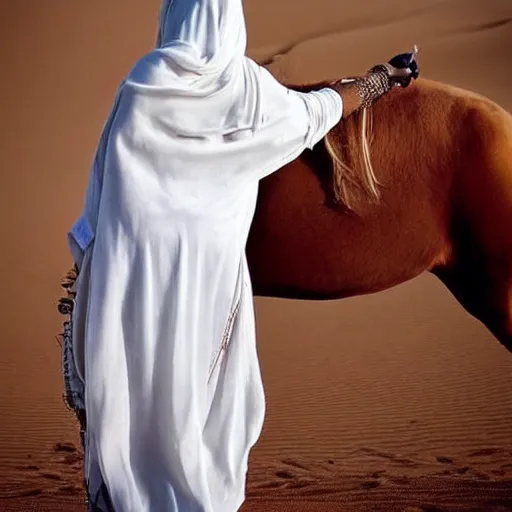 Image similar to beautiful burqa's woman, ride horse in saharan, dress like taliban, sharp eyes, white skin, beautiful tatted hands, riffle on chest, dust, cinematic, dynamic pose, pinterest