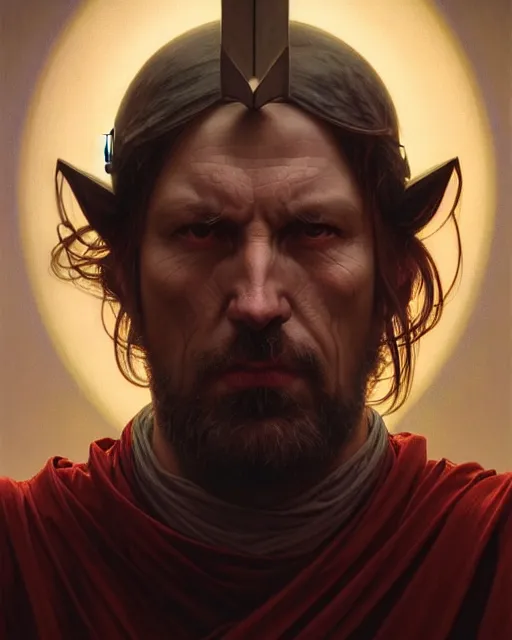 Image similar to realistic wide angle portrait of a nasty bishop, cross, evil, heroic pose, beautiful face, bible, full body, dramatic lighting, intricate, wild, highly detailed, digital painting, artstation, concept art, smooth, sharp focus, illustration, art by artgerm and greg rutkowski and alphonse mucha, footage from space camera