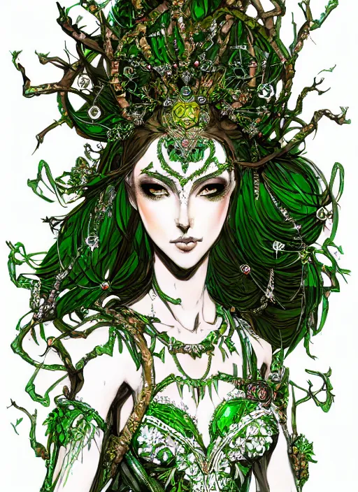 Prompt: Half body portrait of a beautiful dryad goddess in ornate white and green dress, vibrant colours, chosen by the god, ornate. In style of Yoji Shinkawa and Hyung-tae Kim, trending on ArtStation, dark fantasy, great composition, concept art, highly detailed, dynamic pose.