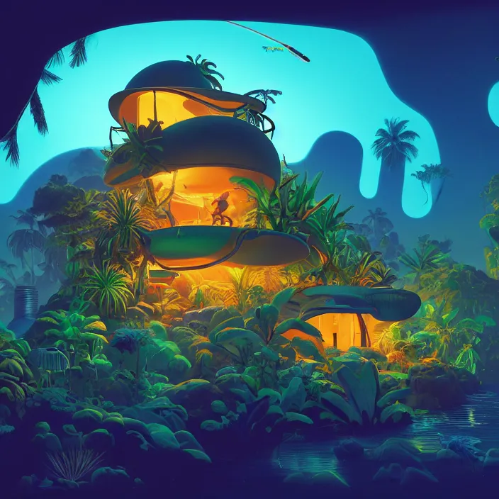 Image similar to a bioluminescent tropical cottage by paolo eleuteri serpieri and tomer hanuka and chesley bonestell and daniel merriam and tomokazu matsuyama, unreal engine, high resolution render, featured on artstation, octane, 8 k, highly intricate details, vivid colors, vector illustration