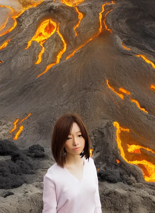 Prompt: Sony Alpha 1 Mirrorless Camera,, 8K, soft light, volumetric lighting, highly detailed, Kasumi Arimura style 3/4 ,portrait photo Kasumi Arimura teen princess, the face emerges from Kīlauea, thermal lava flowing down gold travertine terraces, inspired by Ophelia paint , a beautiful luxurious royal suit, intricate hair with highly detailed realistic beautiful flowers , Realistic, Refined, Highly Detailed, ethereal lighting colors scheme, outdoor fine art photography, Hyper realistic, photo realistic