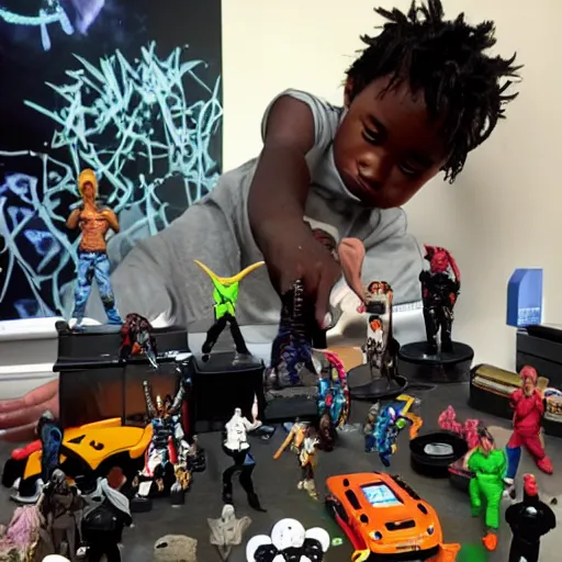 Prompt: lil uzi playing with action figures