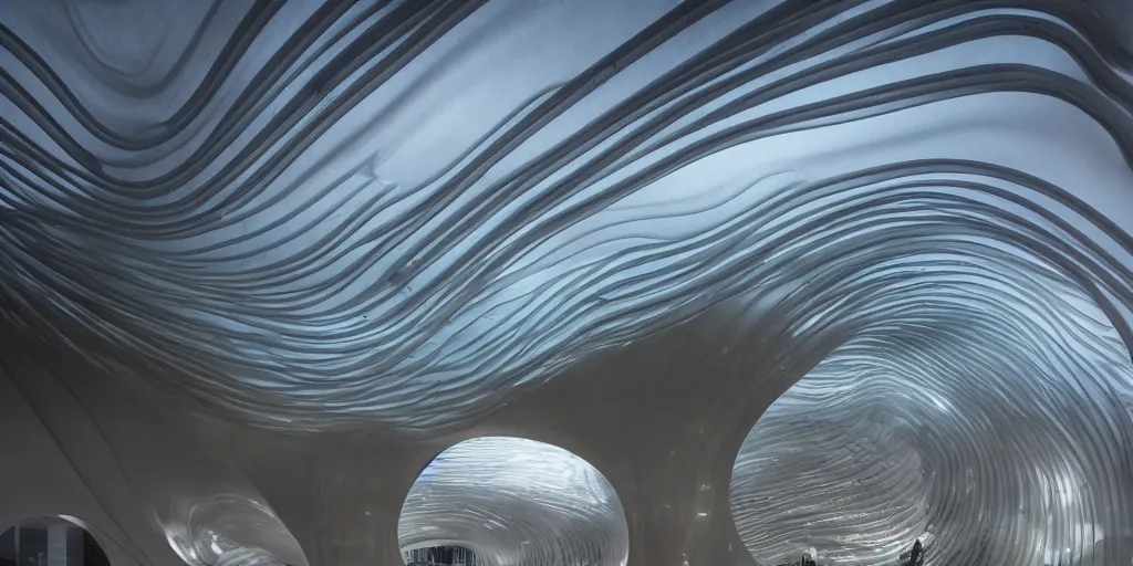 Image similar to extremely detailed awe stunning beautiful futuristic smooth curvilinear museum interior\, translucent gills, zaha hadid, stunning volumetric light, stainless steel, concrete, translucent material, beautiful sunset, hyper real, 8k, colorful, 3D cinematic volumetric light, atmospheric light