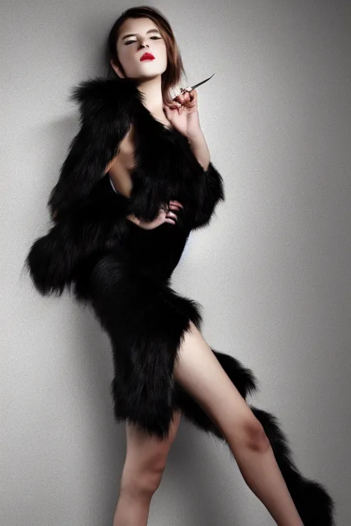 Prompt: full body aesthetic photograph of a beautiful young woman in a furry black cocktail dress by Nick Knight, realistic, photorealistic, HD, 4k resolution