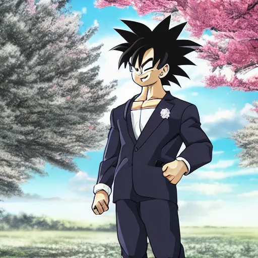 Prompt: highly detailed photo of goku wearing black tuxedo standing in front of sakura trees, anime concept art, symmetrical face, smiling, clear nose, highly detailed, 8 k