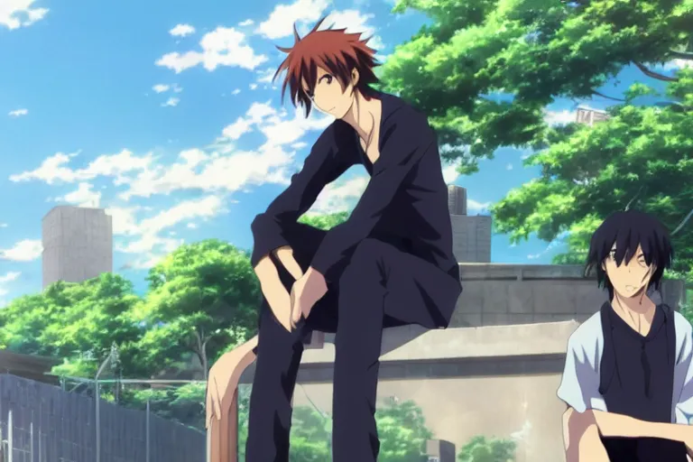 Prompt: Two anime handsome men, Makoto Shinkai