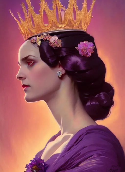 Image similar to leyendecker, brom, lovely regal queen, portrait, updo of black and pink ombre hair, crown, flowerpunk, crystal coated violet flowers, by greg rutkowski, anato finnstark, alphonse mucha, global illumination, radiant light