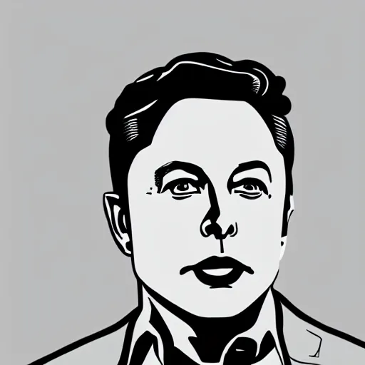 Image similar to a simplified black and white vector based illustration of Elon Musk, created in Adobe illustrator, black ink shading on white background, smooth vector curves, vinyl cut ready