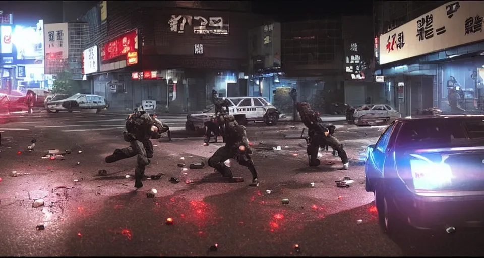 Image similar to 2011 Video Game Screenshot of Neo-tokyo Cyborg bank robbers vs police, Set in Tokyo Bank Parking Lot, Dark, Multiplayer set-piece Ambush, Tactical Squads :10, Police officers under heavy fire, Suppressive fire, Pinned down, Destructible Environments, Gunshots, Headshot, Bullet Holes and Anime Blood Splatter, :10 Gas Grenades, Riot Shields, MP5, AK45, MP7, P90, Chaos, Anime Machine Gun Fire, Gunplay, Shootout, :14 FLCL + Akira, Cel-Shaded:17, Created by Katsuhiro Otomo + Arc System Works + miHoYo: 20