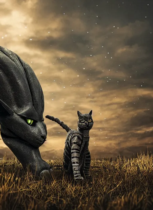 Prompt: giant cyborg cat on a dusky land, cinematic shot, intricate, ornate, photorealistic, ultra detailed, trending artstaition, realistic, 1 0 0 mm, photography, octane, high definition, depth of field, bokeh, 8 k