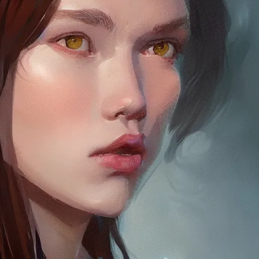 Image similar to portrait of a super friendly woman by greg rutkowski, he is about 2 9 years old, english, auburn slightly red shoulder length hair, brown eyes, cute chubby face, highly detailed portrait, digital painting, artstation, concept art, smooth, sharp foccus ilustration, artstation hq