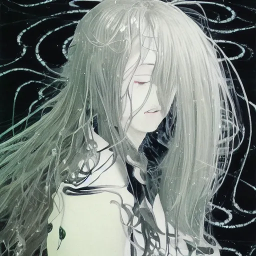 Prompt: Yoshitaka Amano realistic illustration of an anime girl with wavy white hair and cracks on her face wearing white shirt and black tie, abstract black and white patterns on the background, noisy film grain effect, highly detailed, Renaissance oil painting, weird camera angle