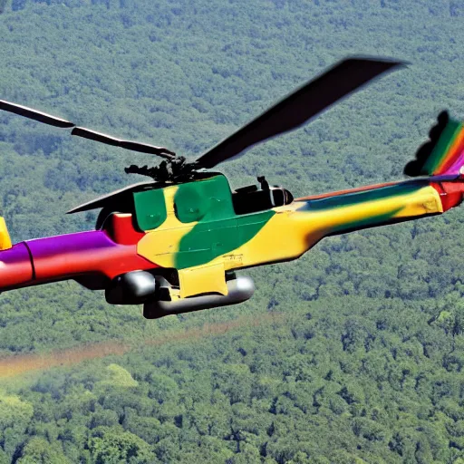 Prompt: an rainbow coloured Apache attack helicopter flying trough the air