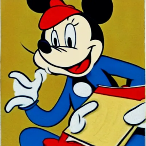 Image similar to film still from 1940s Mickey Mouse Cartoon. Mickey Mouse eating matzah.