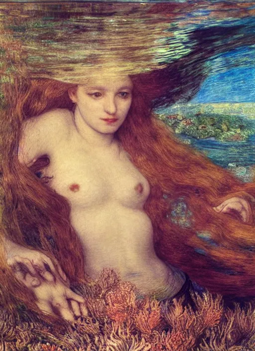 Image similar to lady laying under the sea on the seabed amongst the weeds, underwater shot, submerged, medium shot, on the bed of the river preraphaelite colour photography by william holman hunt, 8 k