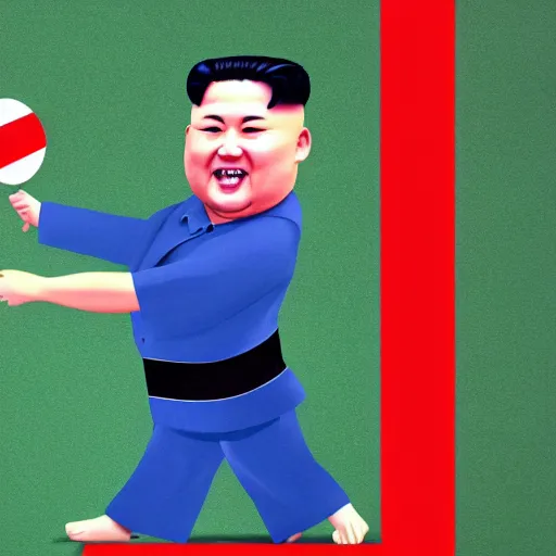 Image similar to Kim Jong Un playing ping pong and being really happy, photorealistic