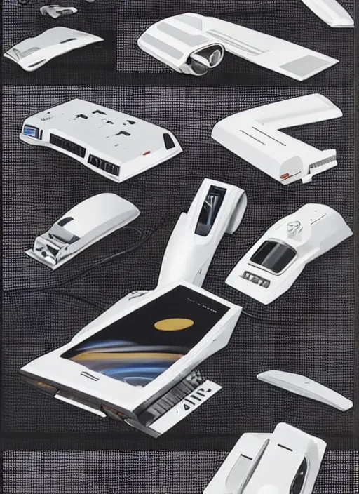 Image similar to electronics catalogue pages, hyper-detailed futuristic gadgets designed by Syd Mead, Jony Ive and Dieter Rams