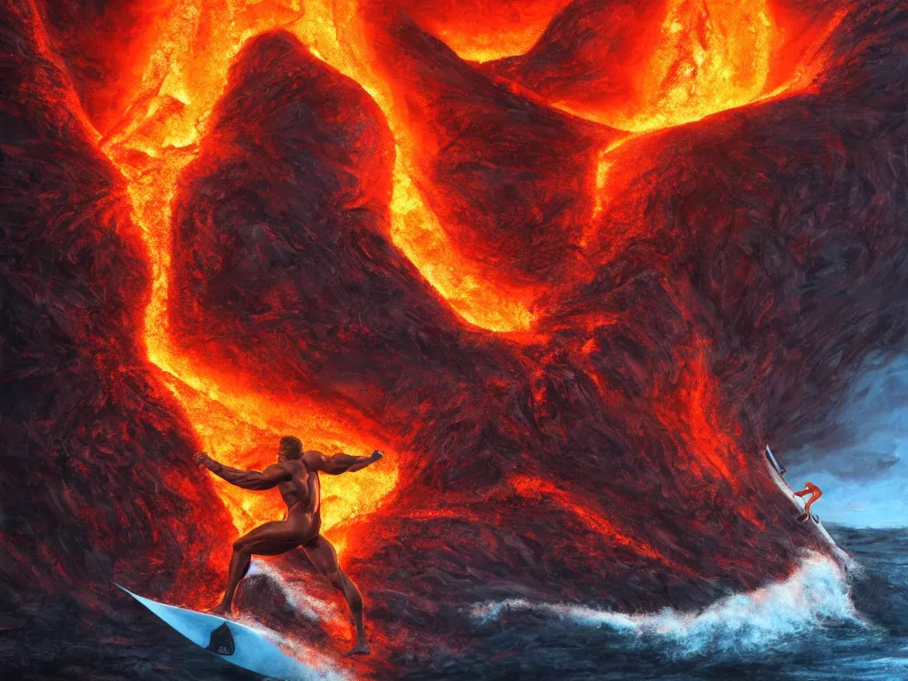 Image similar to muscular arnold schwarzenegger surfing on lava from an erupting volcano, stunning scene, 8 k, extremely detailed digital painting, depth, bright colors, trending on artstation