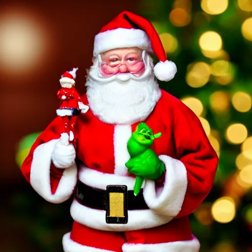 Prompt: santa claus holding a miniature figutine of grinch 8 k