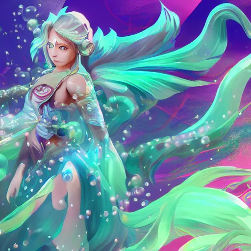 Image similar to female water mage, high quality character design, action pose : : spotlight, magical, seapunk, seaweed, bubbles, high detail, 1 6 k, oled, shadows, reflections, digital art