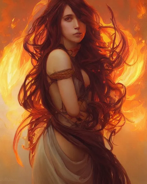 Image similar to beautiful long haired girl, fire dress, portrait, flames everywhere, highly detailed, digital painting, artstation, concept art, smooth, sharp focus, illustration, art by artgerm and greg rutkowski and alphonse mucha